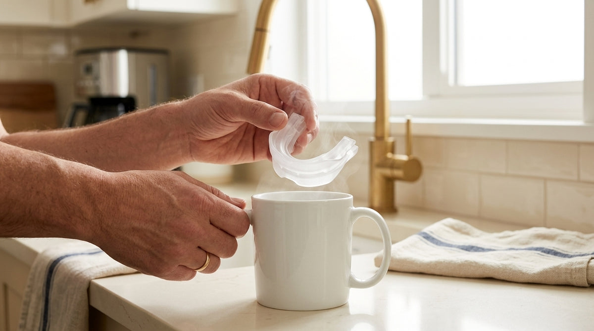 Manos ablandando la boquilla en una taza con agua caliente