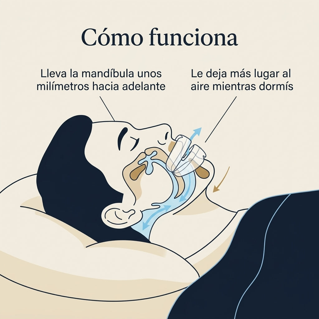 Ilustración de cómo la boquilla lleva la mandíbula hacia adelante y deja más lugar al aire