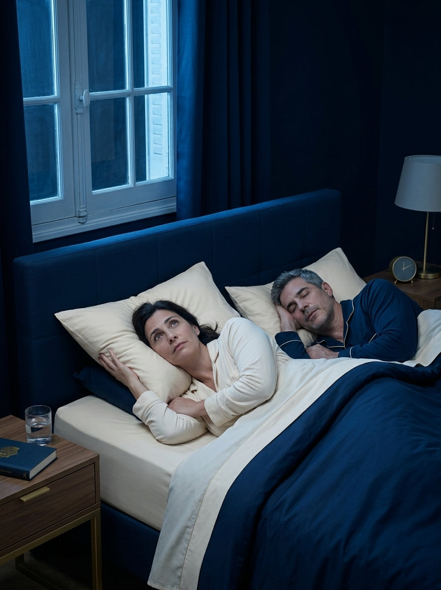 Persona despierta en la cama mientras su pareja ronca
